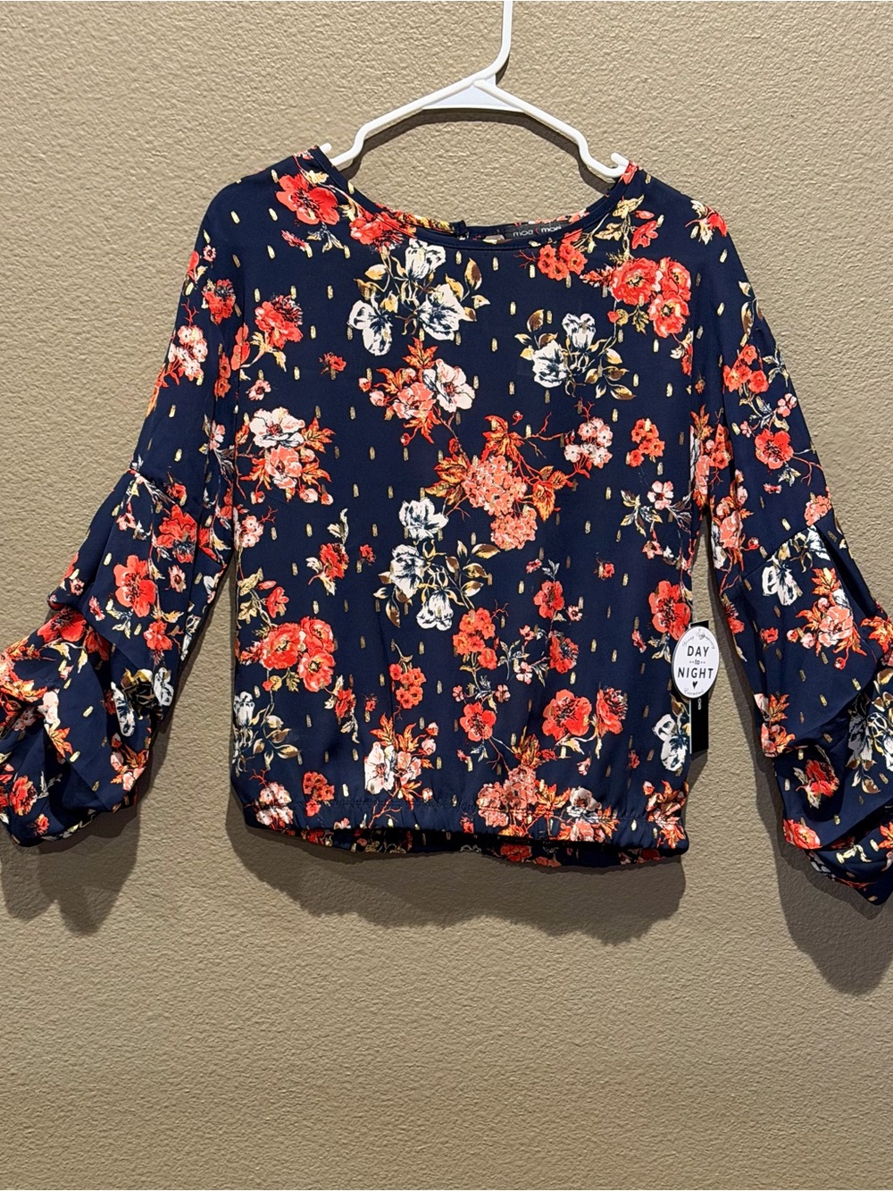 Moa Moa Navy Floral Ruffle Sleeve Top